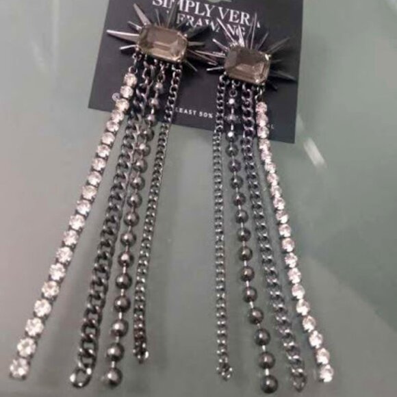 VERA WANG Rocker Chic Spikes Gunmetal Gray/Clear Crystals Chains Earrings**NEW! - Picture 2 of 6